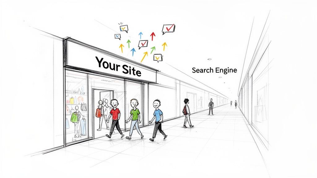 Illustration depicting a search engine driving traffic and positive engagement to a 'Your Site' storefront.