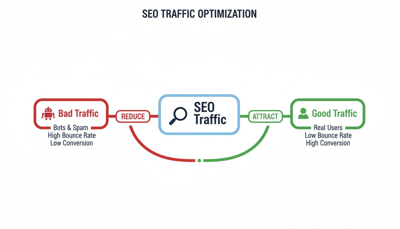 Flowchart showing how to optimize SEO traffic by minimizing bots and maximizing real user engagement.