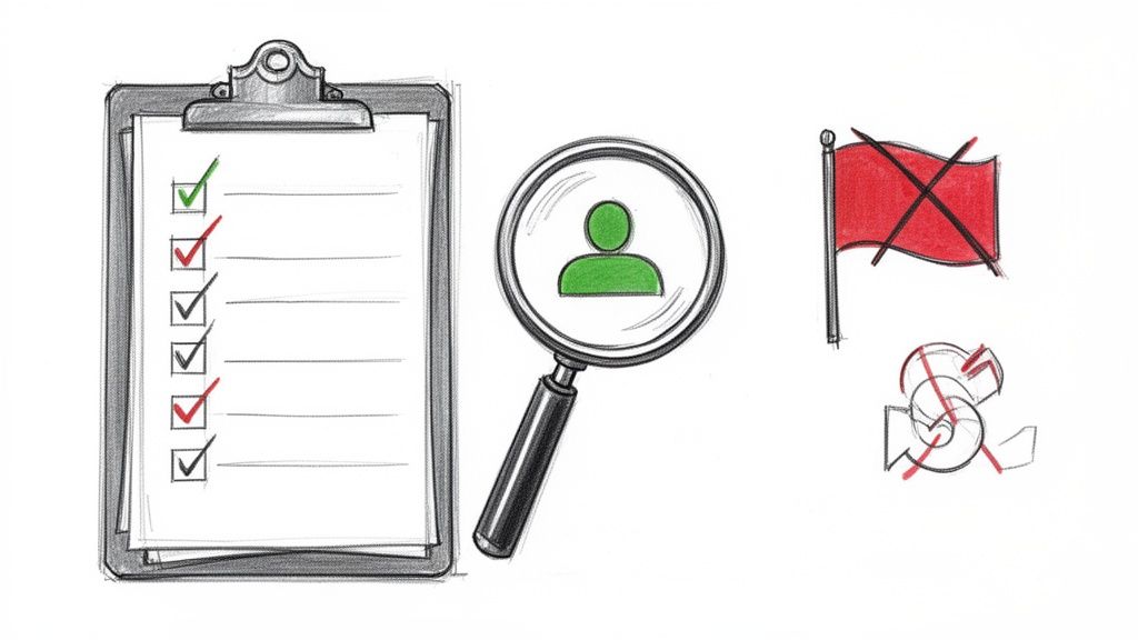 An illustration depicting a checklist with successes and failures, user profile analysis, and red flag warnings.