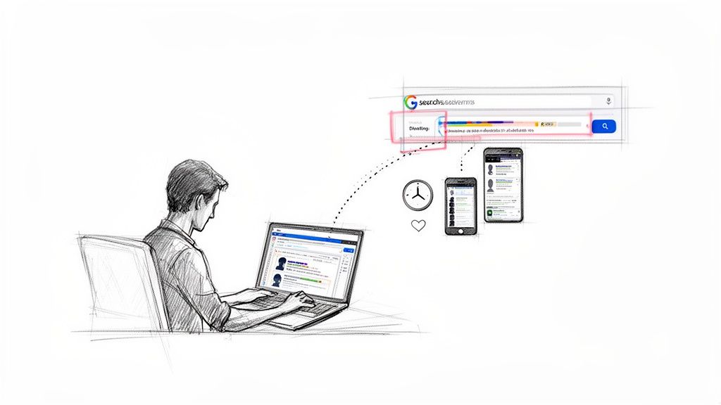 A sketch illustrates a man on a laptop, connecting to mobile phones and a Google search bar.