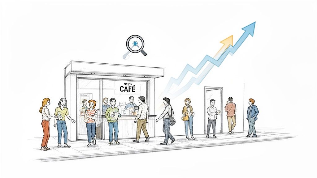 Illustration of a busy cafe street with people, a magnifying glass, and rising growth arrows.