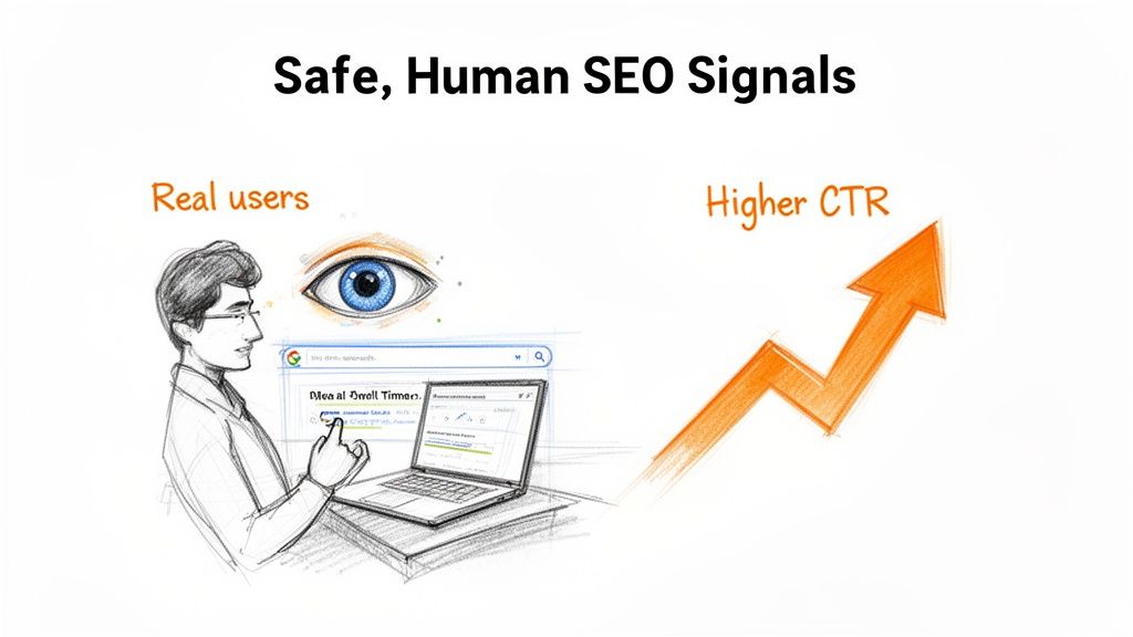 Illustration of real users engaging with a laptop, driving safe, human SEO signals and higher CTR.