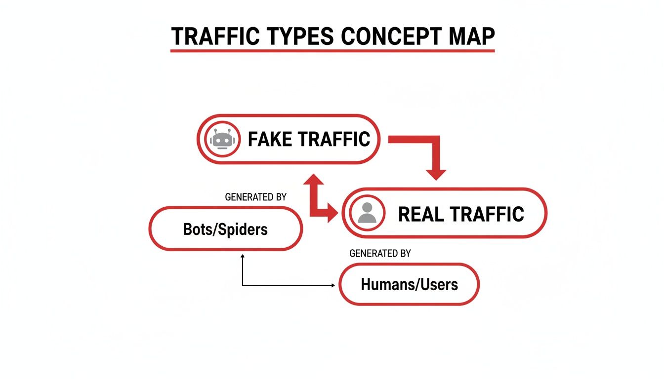A concept map showing fake traffic from bots/spiders and real traffic from humans/users.