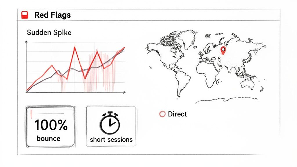 Red Flags dashboard with a sudden traffic spike graph, 100% bounce, short sessions, and a world map pinpoint.