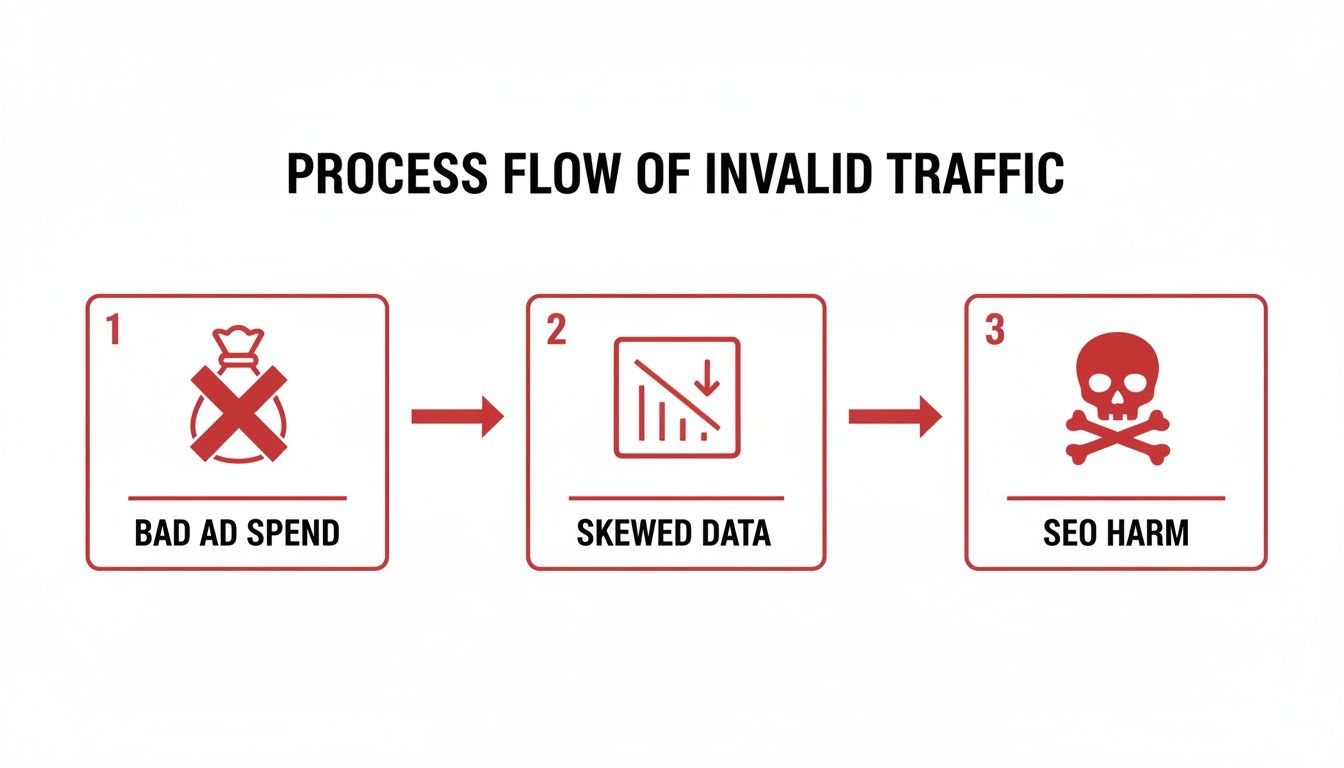 Process flow illustrating how invalid traffic leads to bad ad spend, skewed data, and SEO harm.