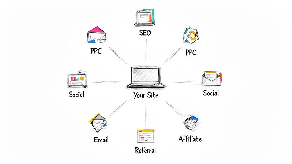 Diagram showing various digital marketing channels like SEO, PPC, social, email, referral, and affiliate driving targeted traffic to a website.