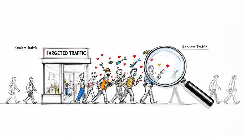 Cartoon illustrating targeted traffic to a store, showing engaged customers with tools and hearts versus random passersby.