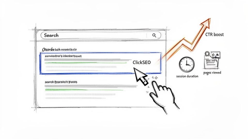 Hand clicking a 'ClickSEO' search result, showing increased CTR, session duration, and pages viewed.