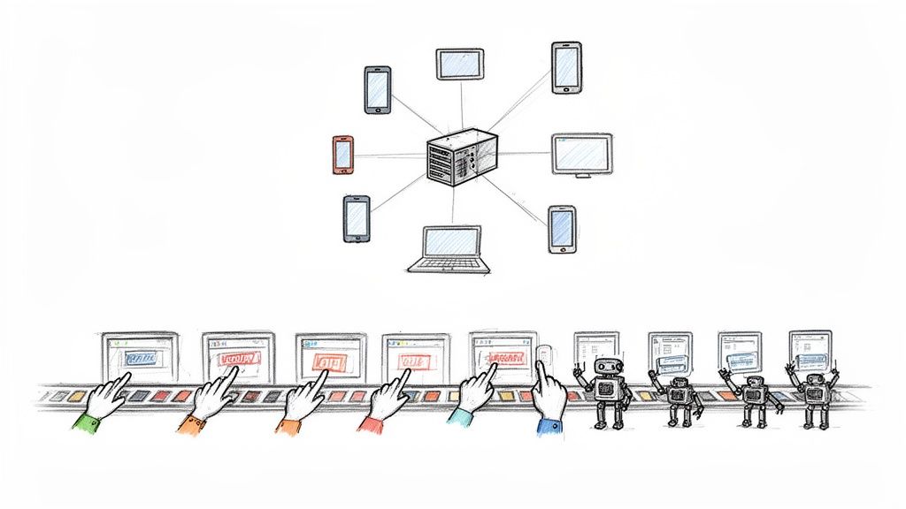 A central server network connects devices, while a conveyor belt shows hands and robots generating online activity.