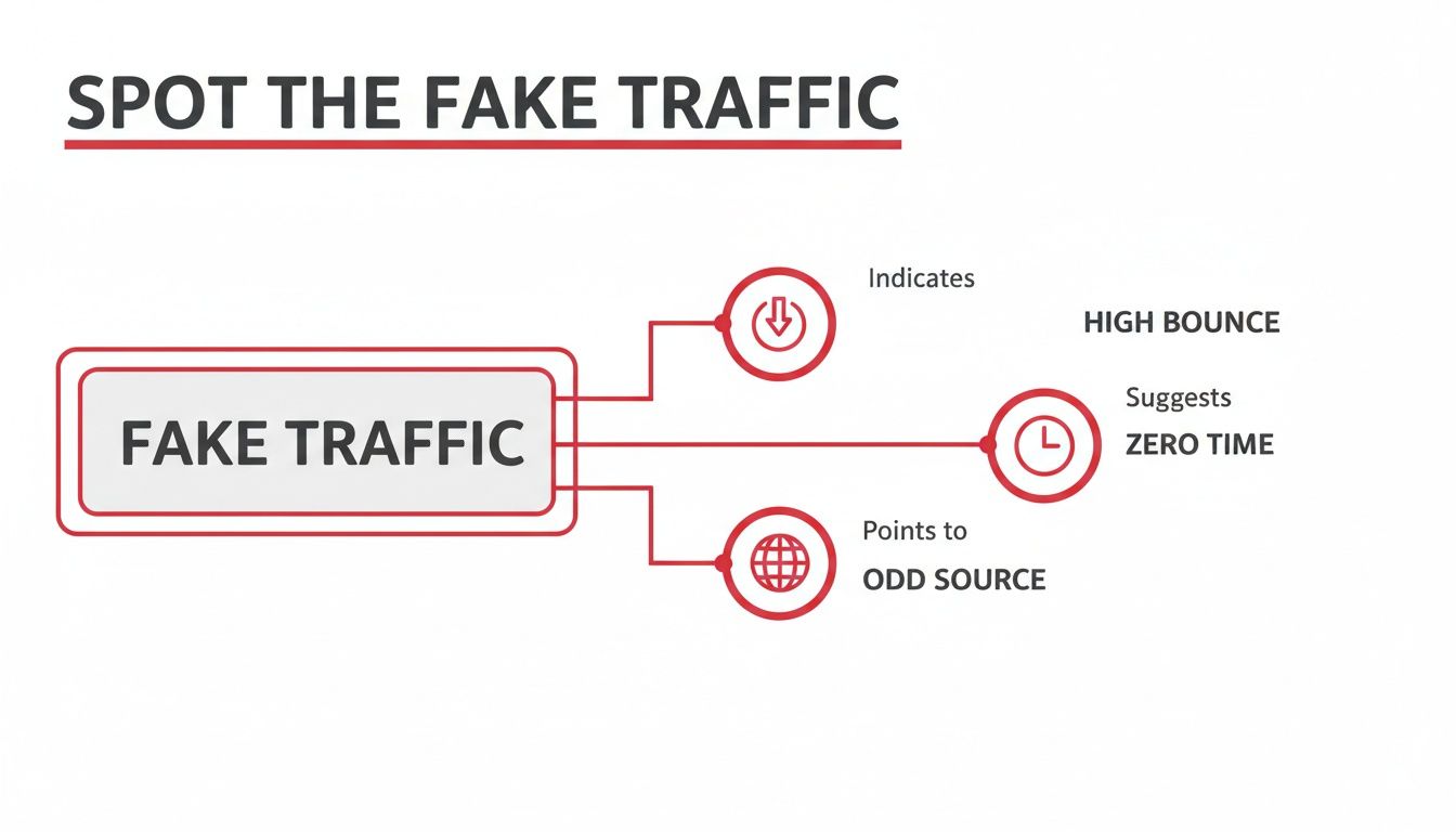 Infographic explaining how to spot fake web traffic, showing high bounce rate, zero time on page, and odd sources.