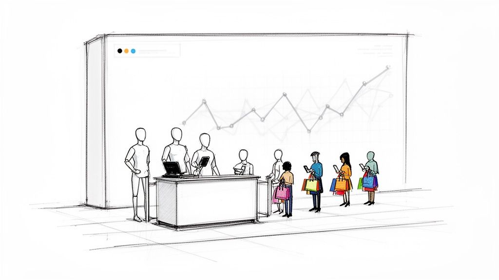 Illustration showing people interacting at a counter, some holding shopping bags, with a trend graph in the background.