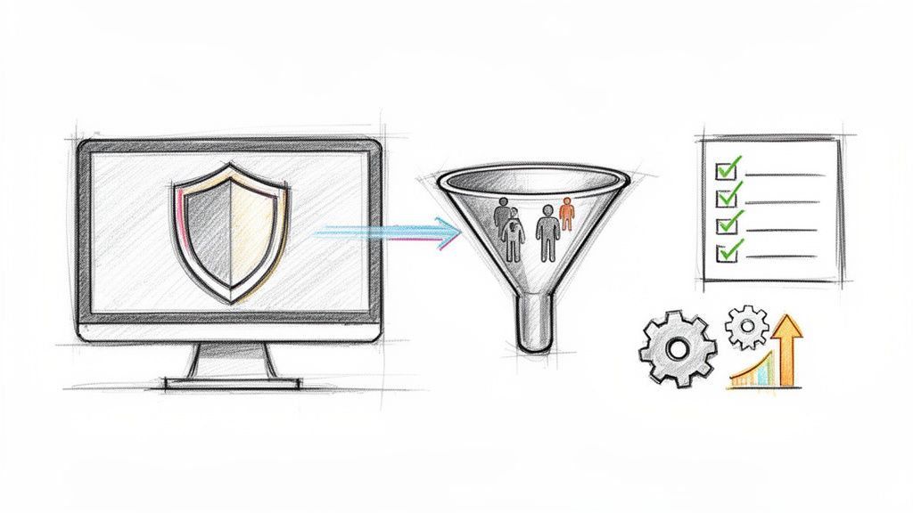 Secure data filtering through a funnel results in optimized processes, represented by a checklist and gears.
