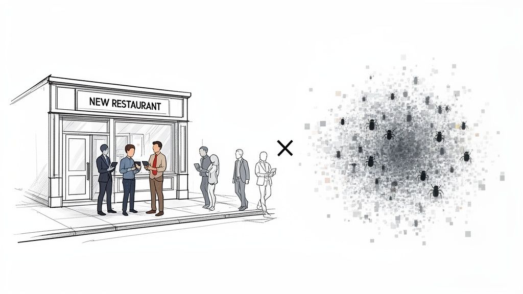 Illustration of a new restaurant with people outside and a cloud of digital bugs, separated by an X.