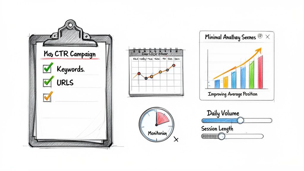 Hand-drawn illustration of SEO campaign checklist, performance graphs, and monitoring tools.