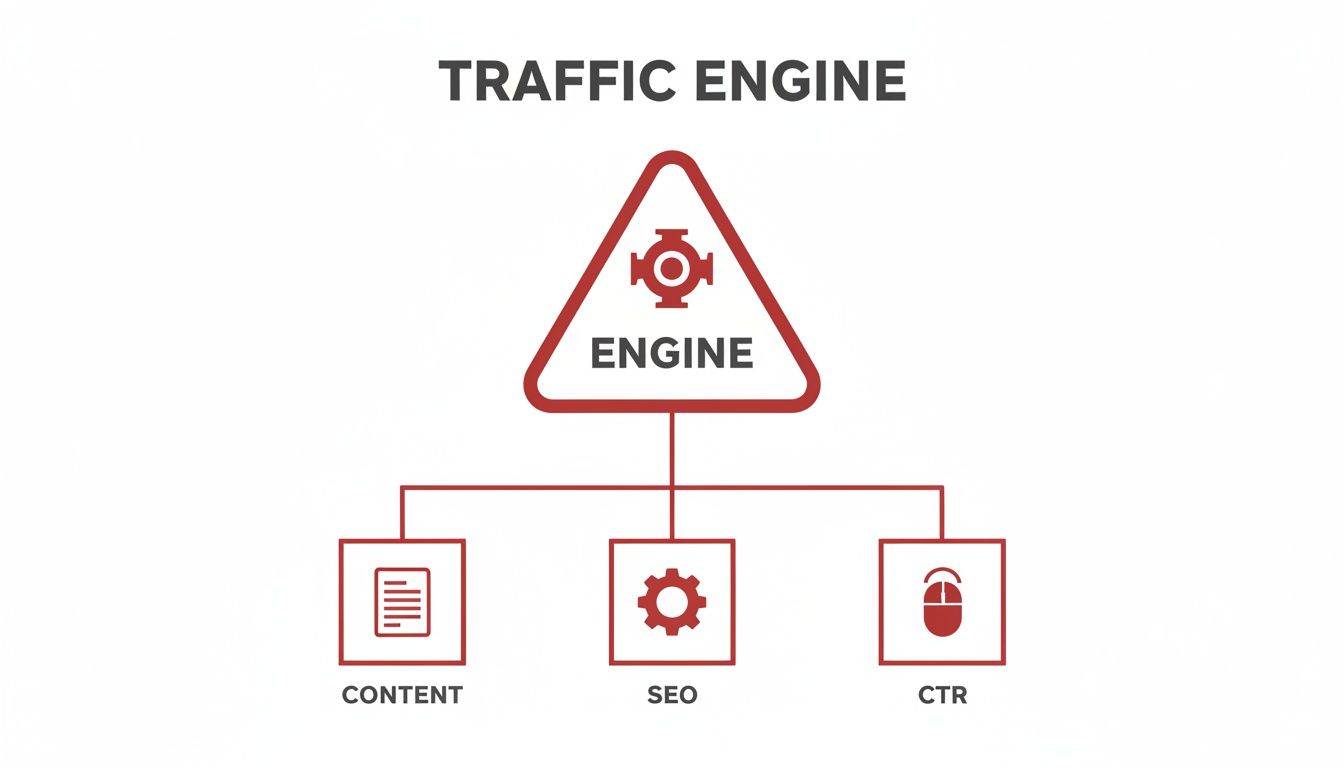 A diagram titled 'TRAFFIC ENGINE' showing a central engine connected to 'CONTENT', 'SEO', and 'CTR'.