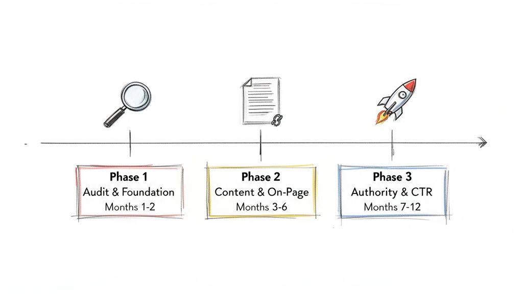 Timeline illustrating a 3-phase SEO strategy: Audit, Content & On-Page, and Authority with monthly durations.