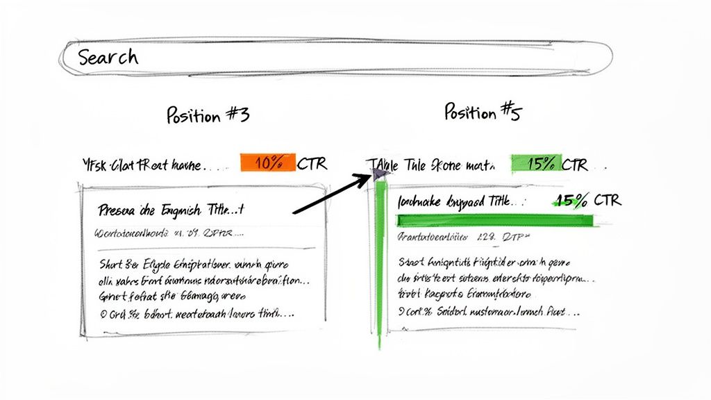 A hand-drawn sketch comparing search result positions 3 and 5, showing their click-through rates. Position 5 has a higher CTR than position 3.