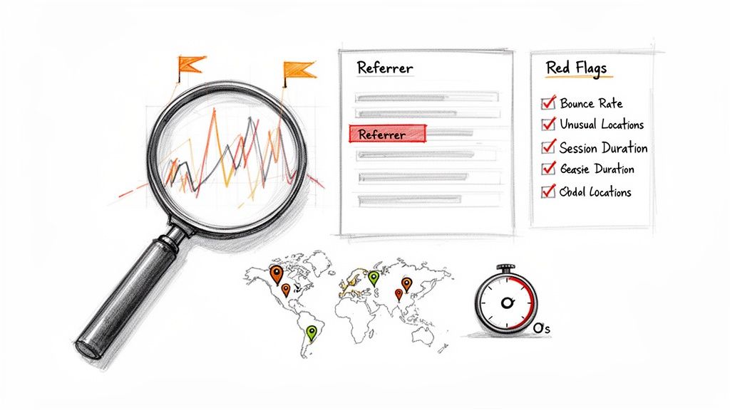Illustration of web analytics with data graphs, referrer information, red flags, and global location pins.