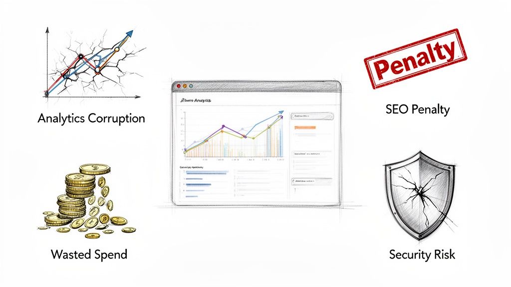 Illustrations depicting critical business challenges: analytics corruption, SEO penalties, wasted spend, and security risks.