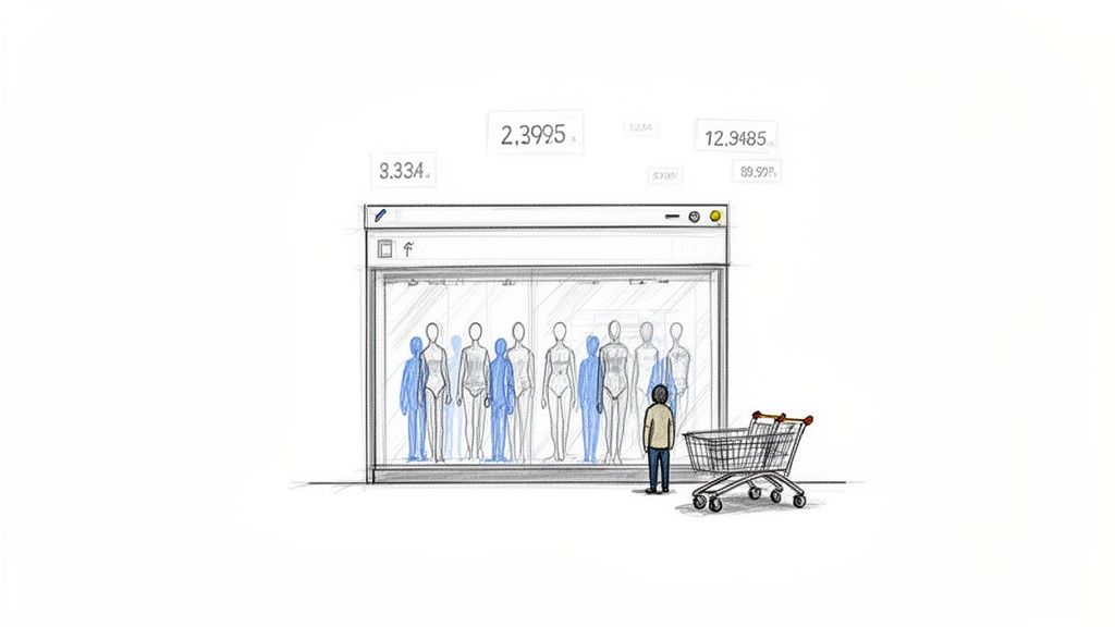 A person with a shopping cart views digital mannequins and floating data metrics in a browser window.