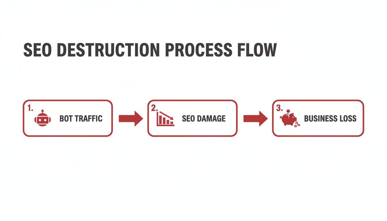 Flowchart illustrating the SEO destruction process: bot traffic causes SEO damage and ultimately business loss.