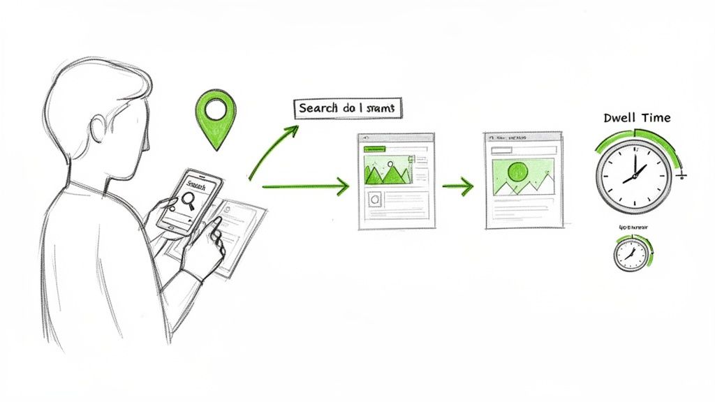 Illustration of a user searching on a phone, browsing web pages, and measuring dwell time.