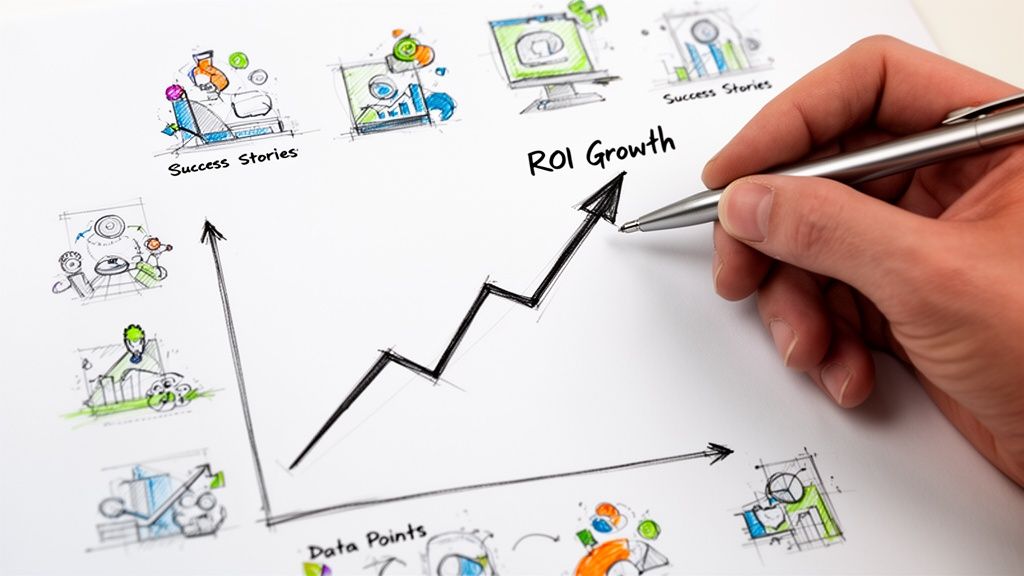 A hand holding a silver pen sketching a rising ROI growth line graph on white paper.