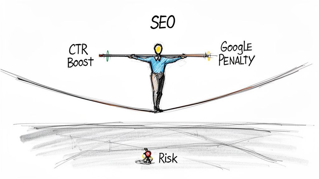 A conceptual illustration of an SEO professional balancing on a tightrope between CTR boost and Google penalty.
