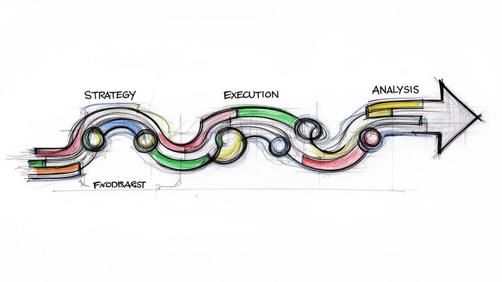 A hand-drawn sketch illustrating a process flow with three main stages: strategy, execution, and analysis.