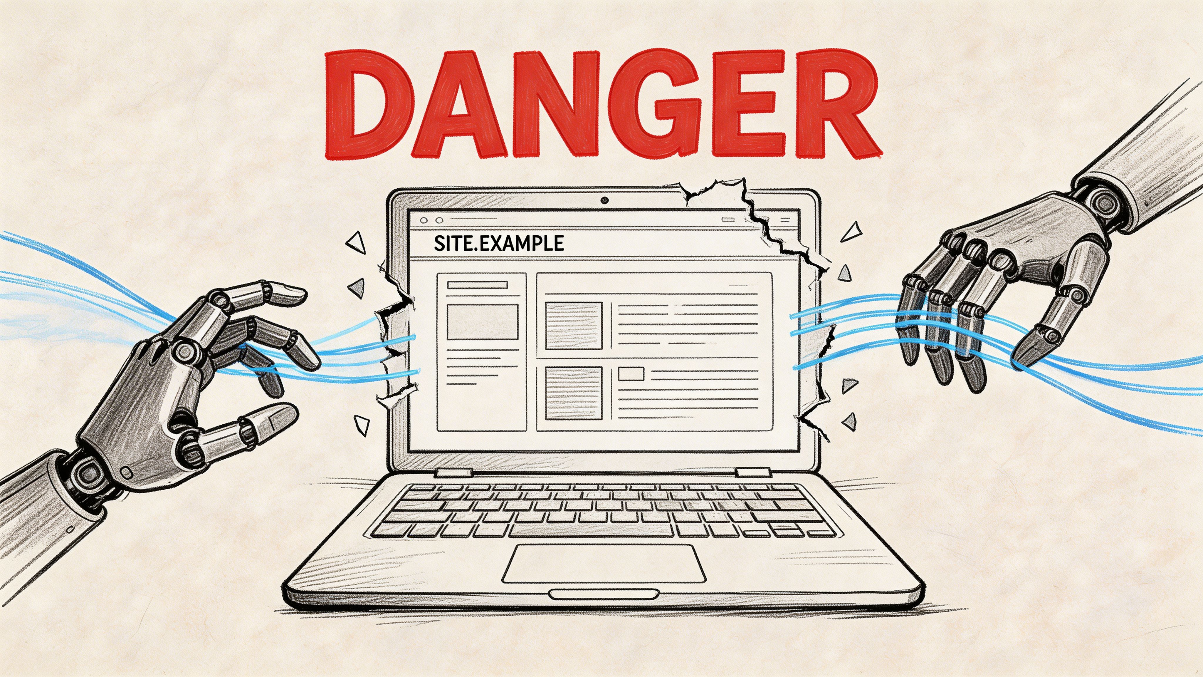 A pencil sketch of robotic hands pulling apart a broken laptop screen displaying the text SITE.EXAMPLE.