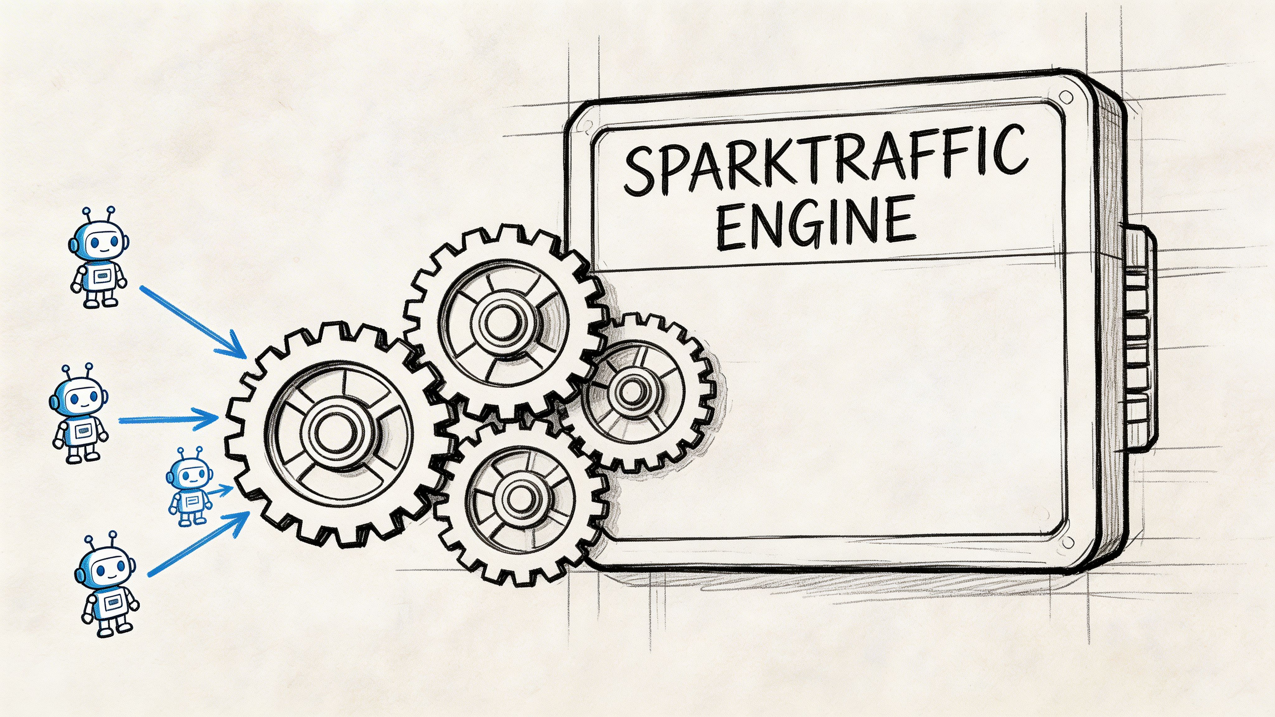 A hand-drawn illustration showing four blue robot icons sending traffic into a mechanical gear system engine.