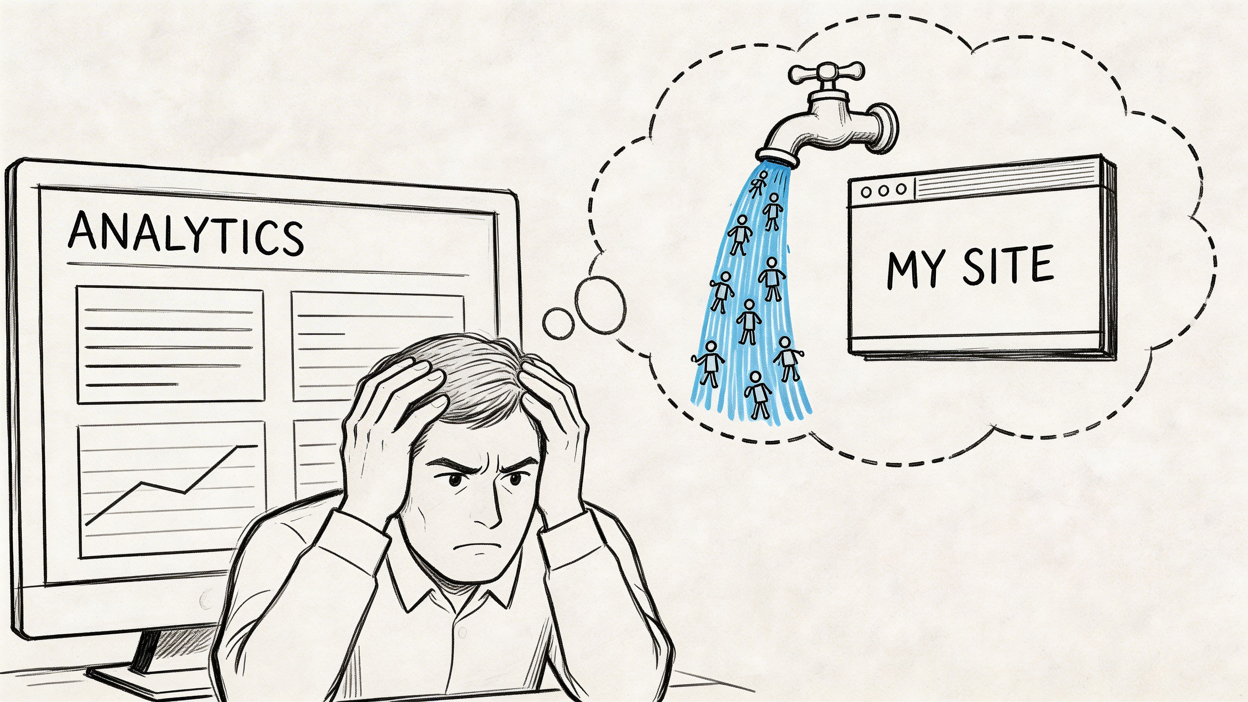 A frustrated man looking at website analytics while dreaming of driving traffic from a faucet to his site.