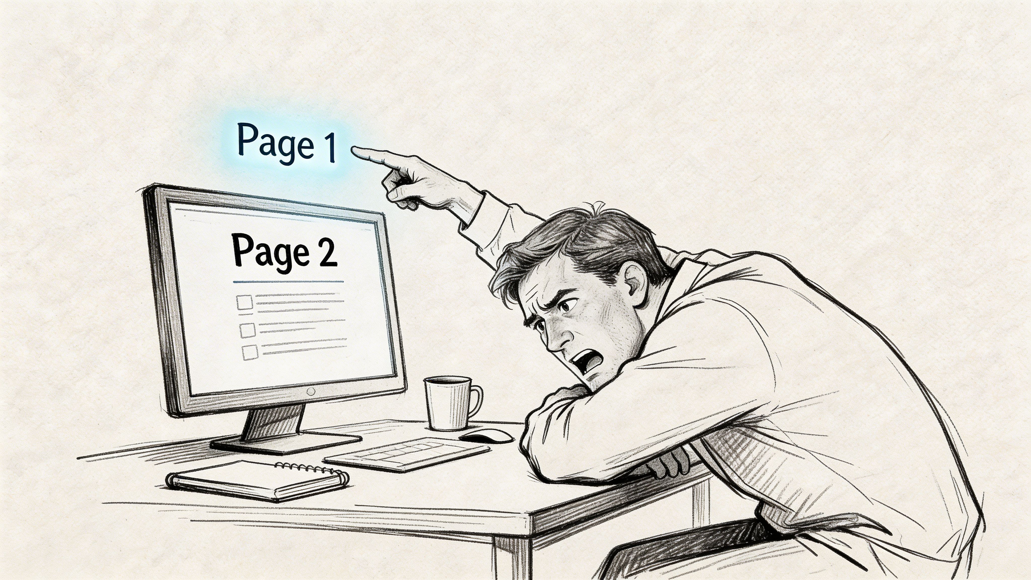 A frustrated man sits at a desk pointing at a floating Page 1 label above his computer screen.