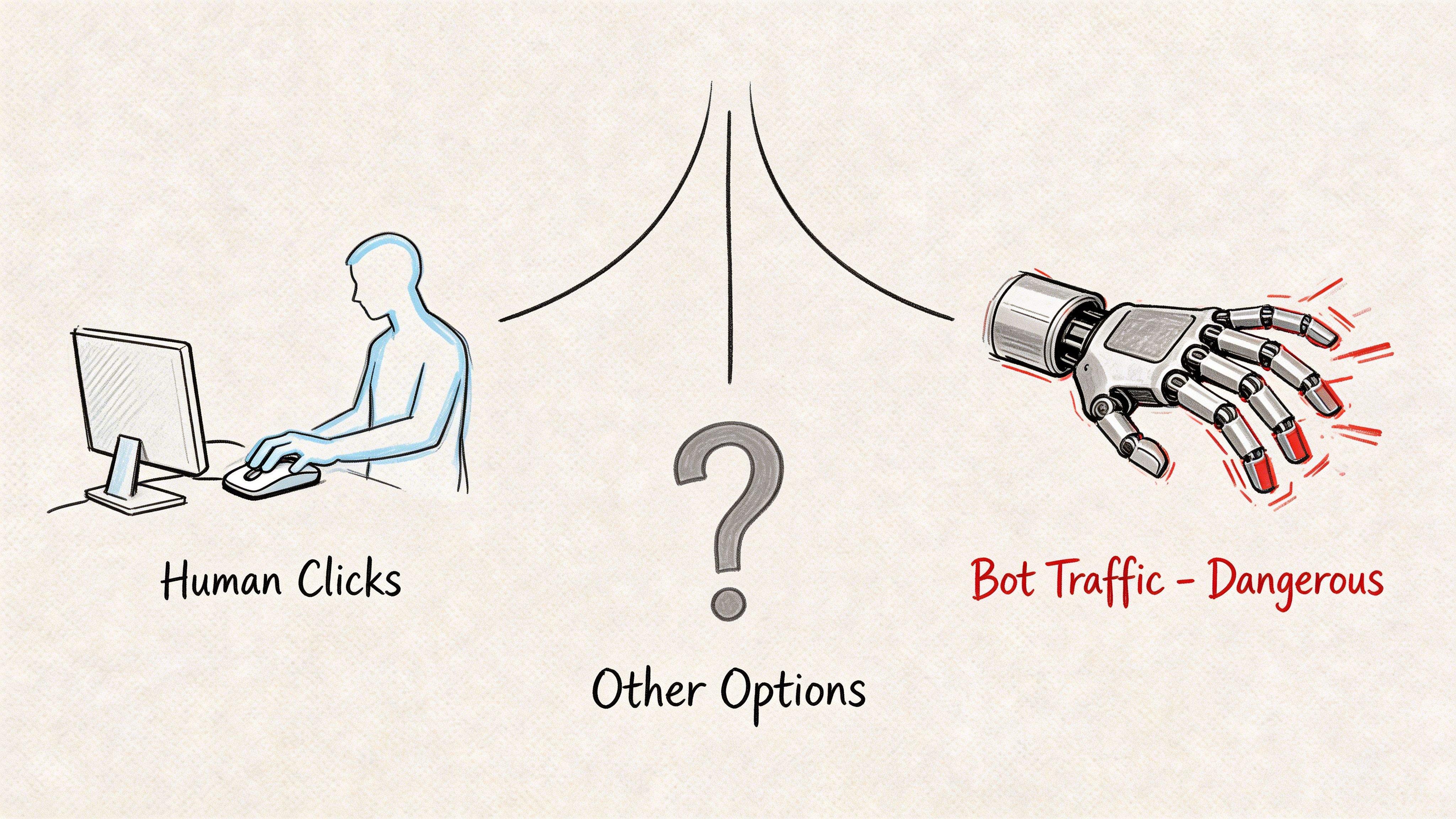A diagram comparing human clicks, other potential traffic options, and dangerous bot traffic using hand illustrations.
