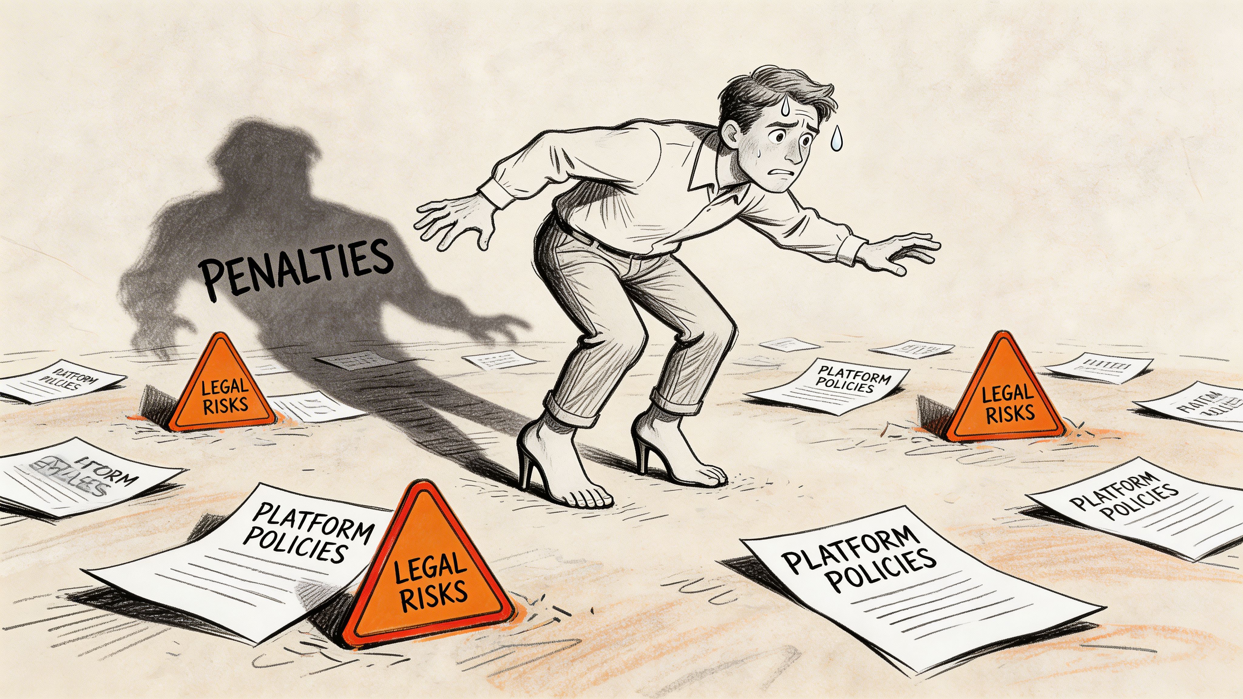 A nervous man wearing high heels navigates through papers labeled platform policies and legal risk warning signs.