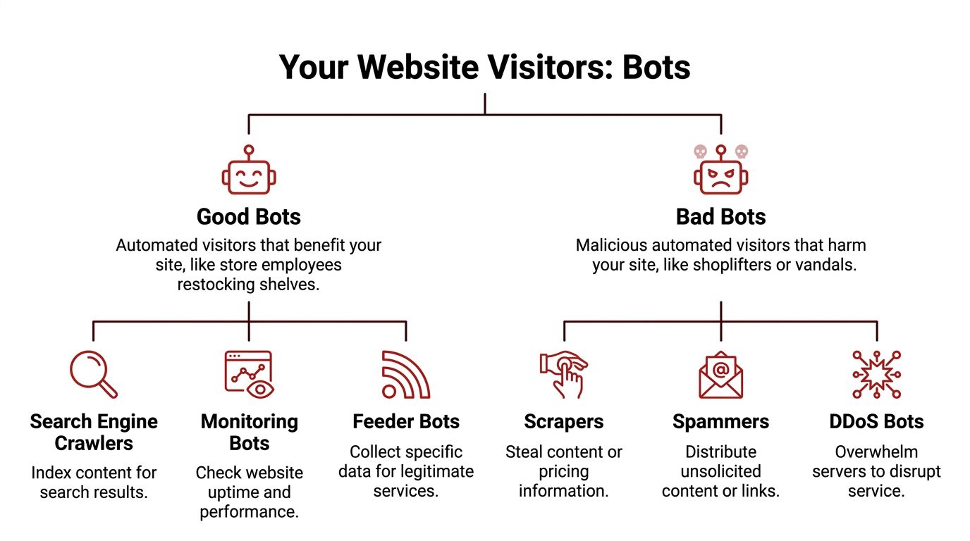 A diagram categorizing website bots into beneficial good bots and harmful bad bots with their specific functions.