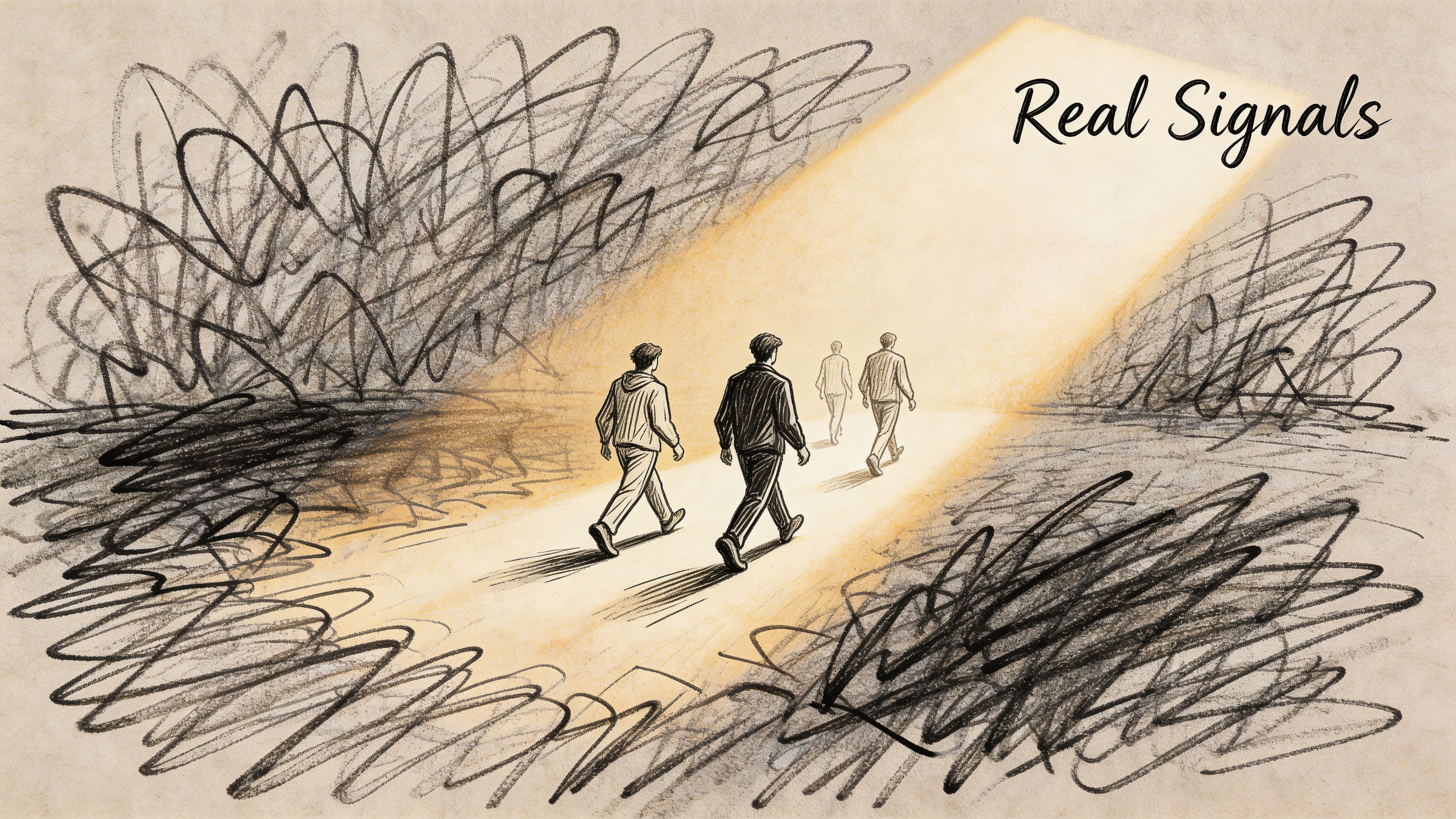 A pencil sketch shows four figures walking toward a bright light through a chaotic, scribbled background.