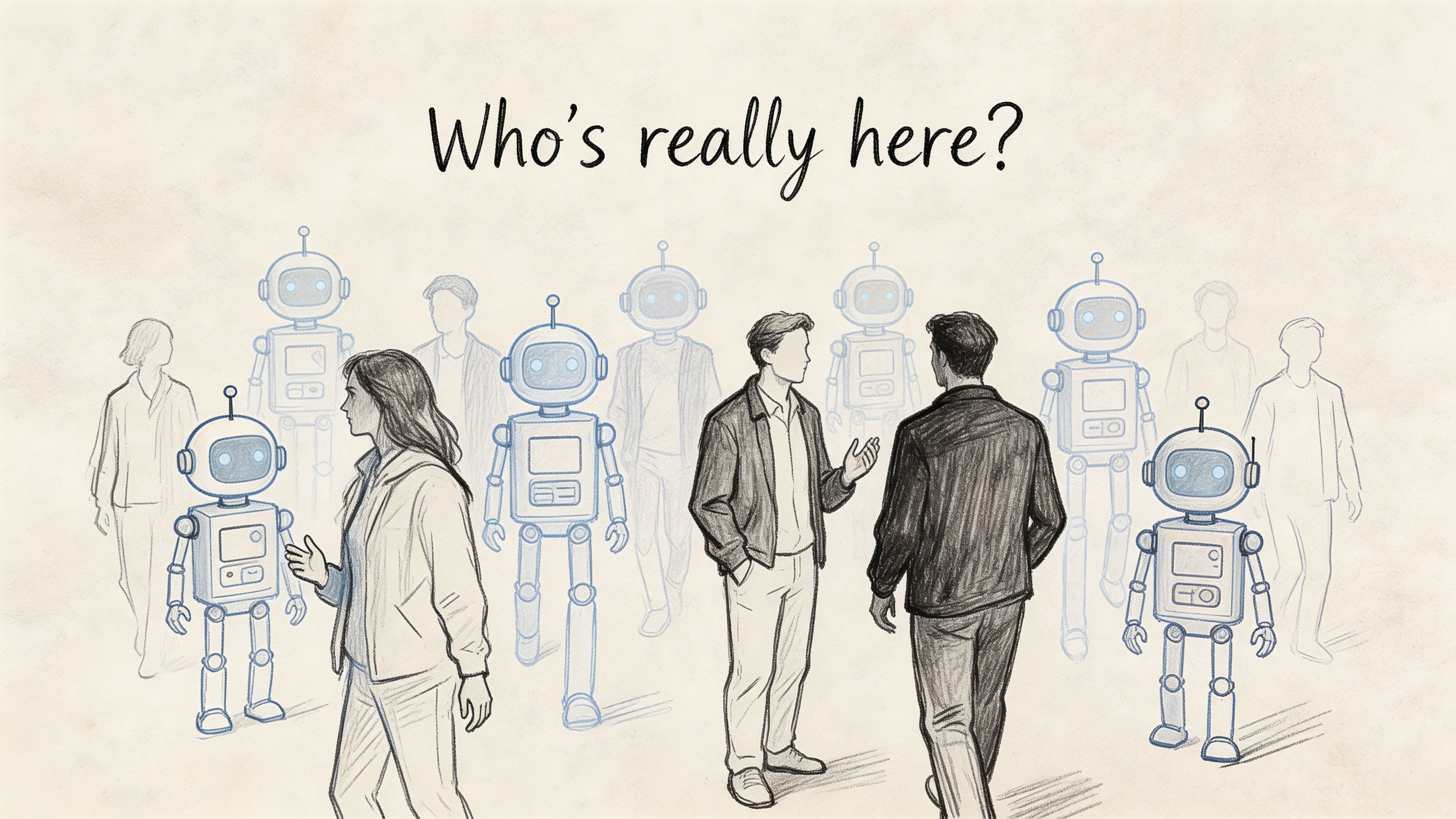 A pencil sketch illustration showing people and robots intermingled, questioning the reality of online interactions.