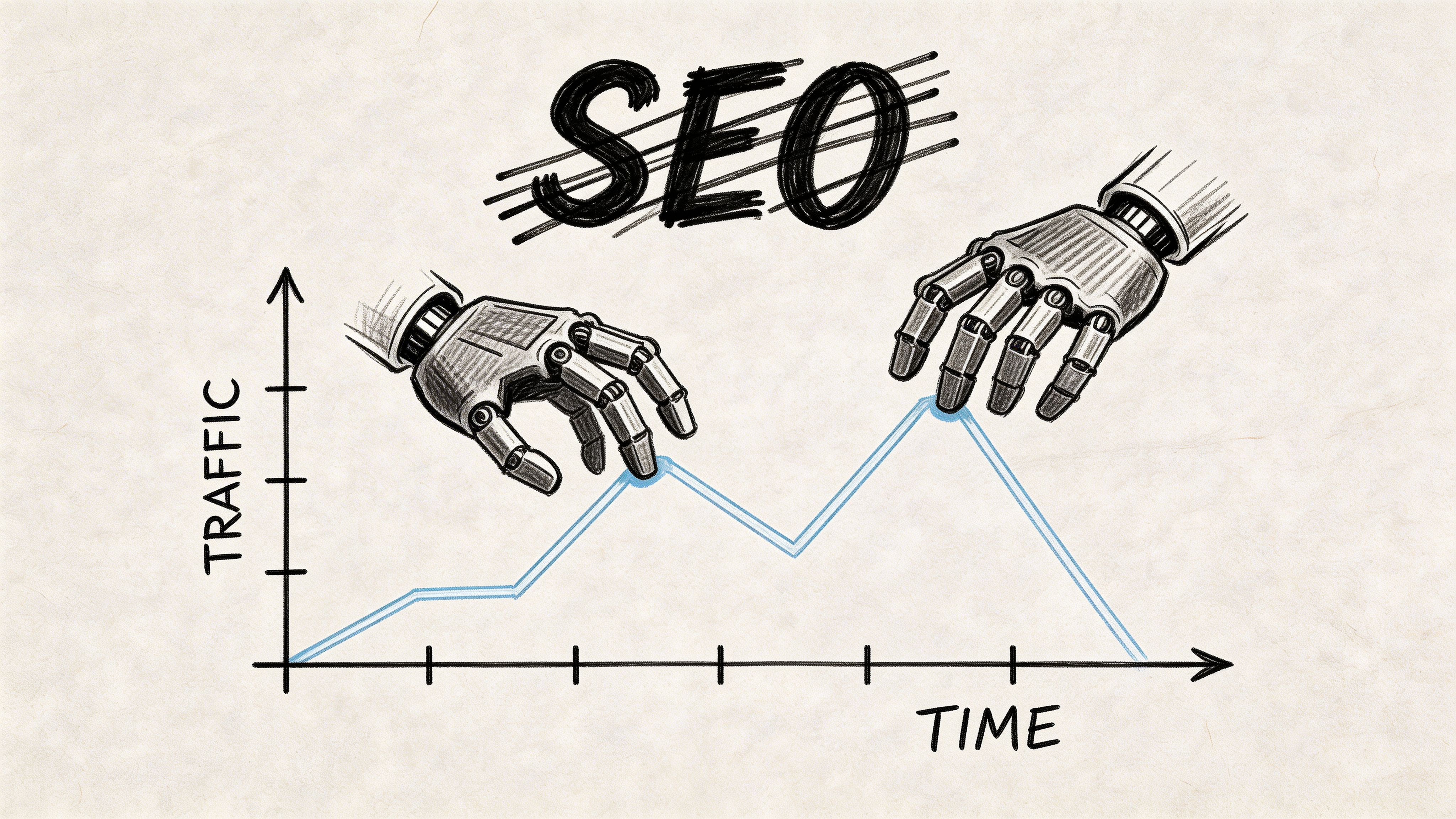 A conceptual illustration showing robotic hands manipulating a line graph representing website traffic trends and SEO.