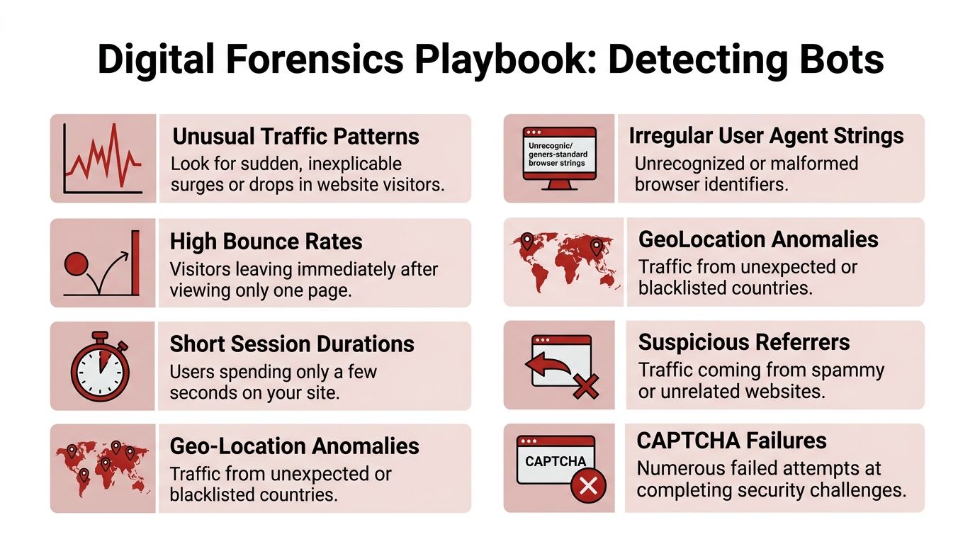 A guide infographic titled Digital Forensics Playbook detailing eight common indicators used to detect malicious web bots.