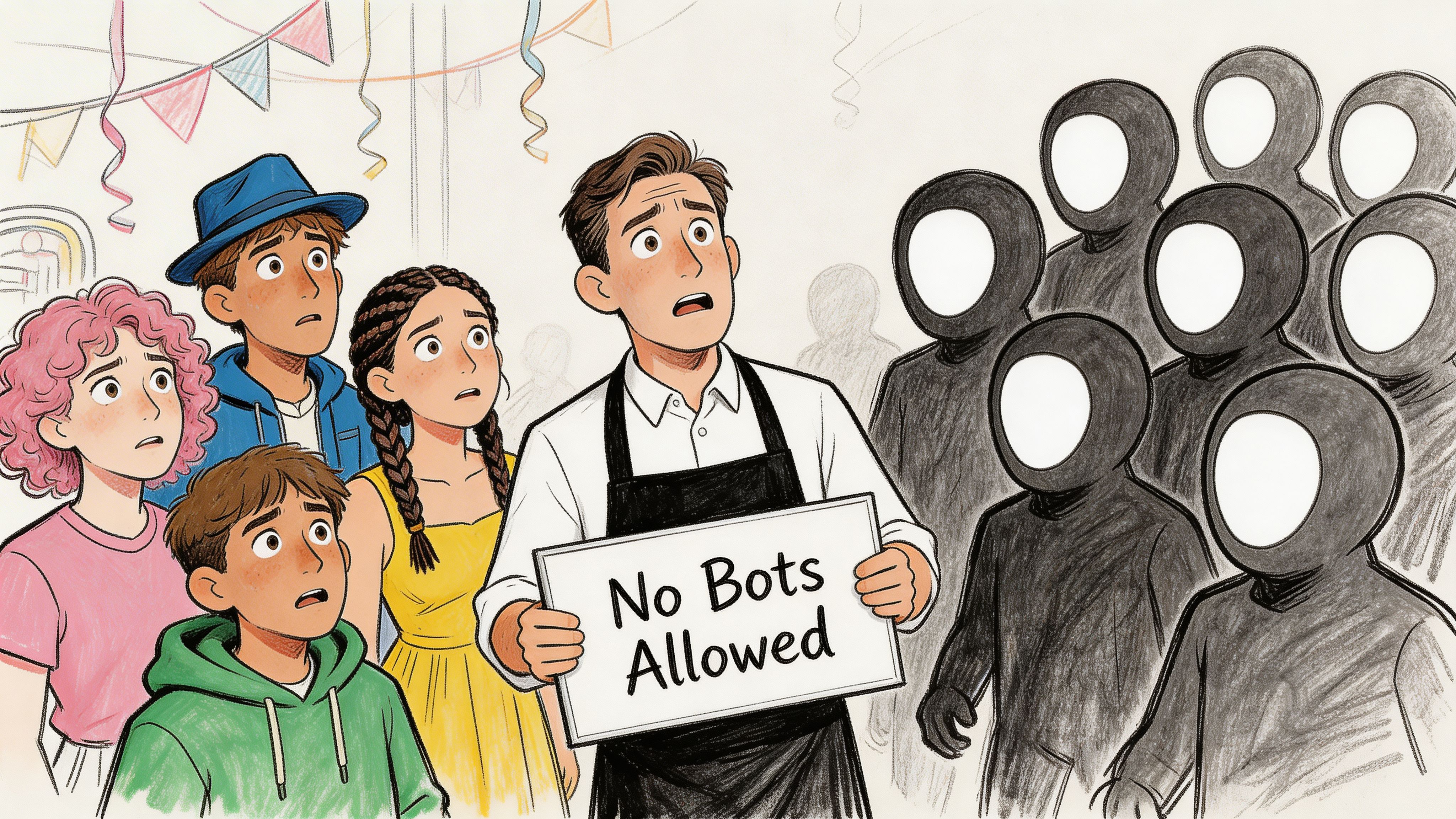 A group of concerned humans stands behind a man holding a sign that reads No Bots Allowed.