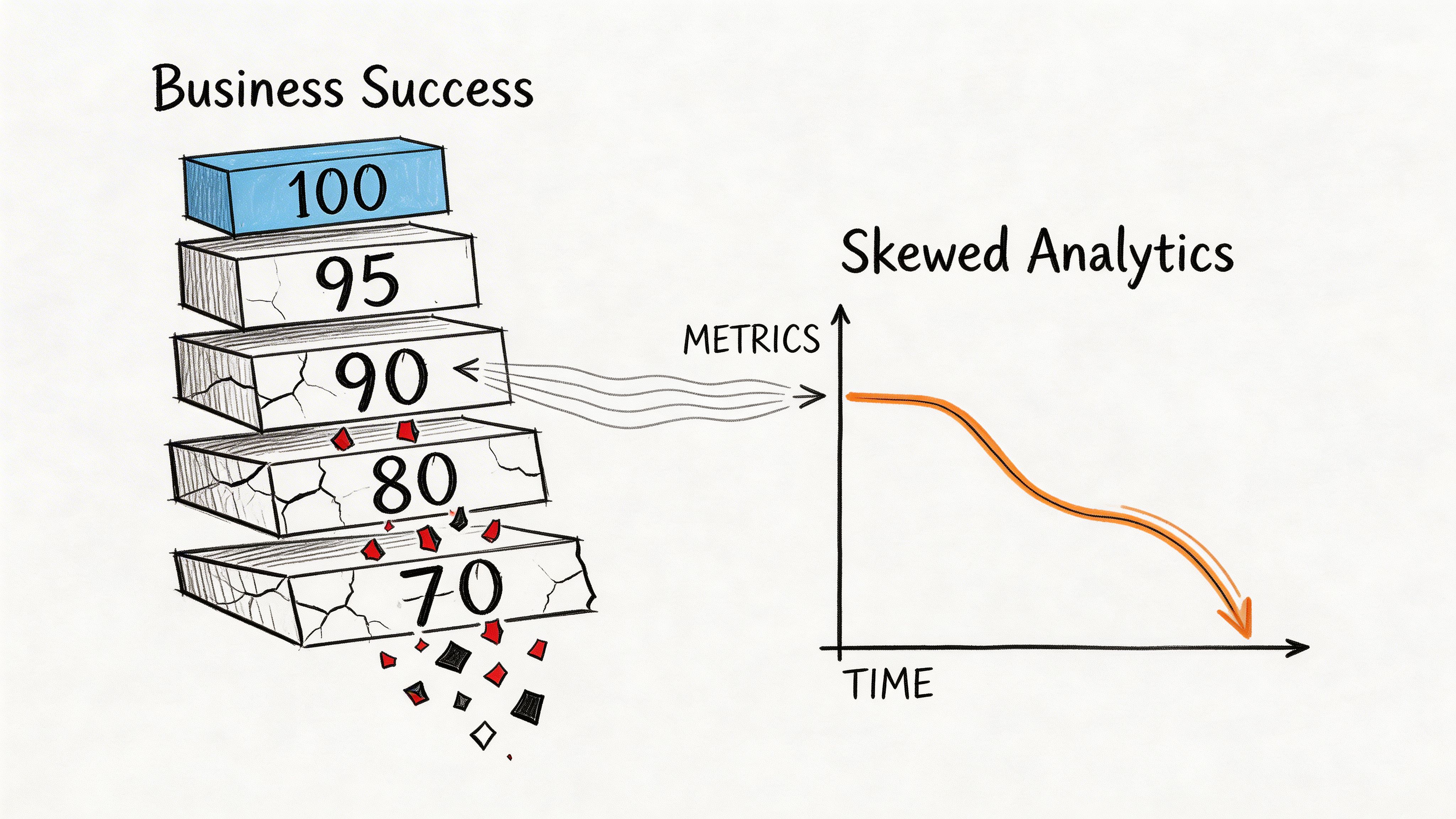 A diagram illustrating how superficial metrics can hide structural business failure through skewed data analytics visualizations.