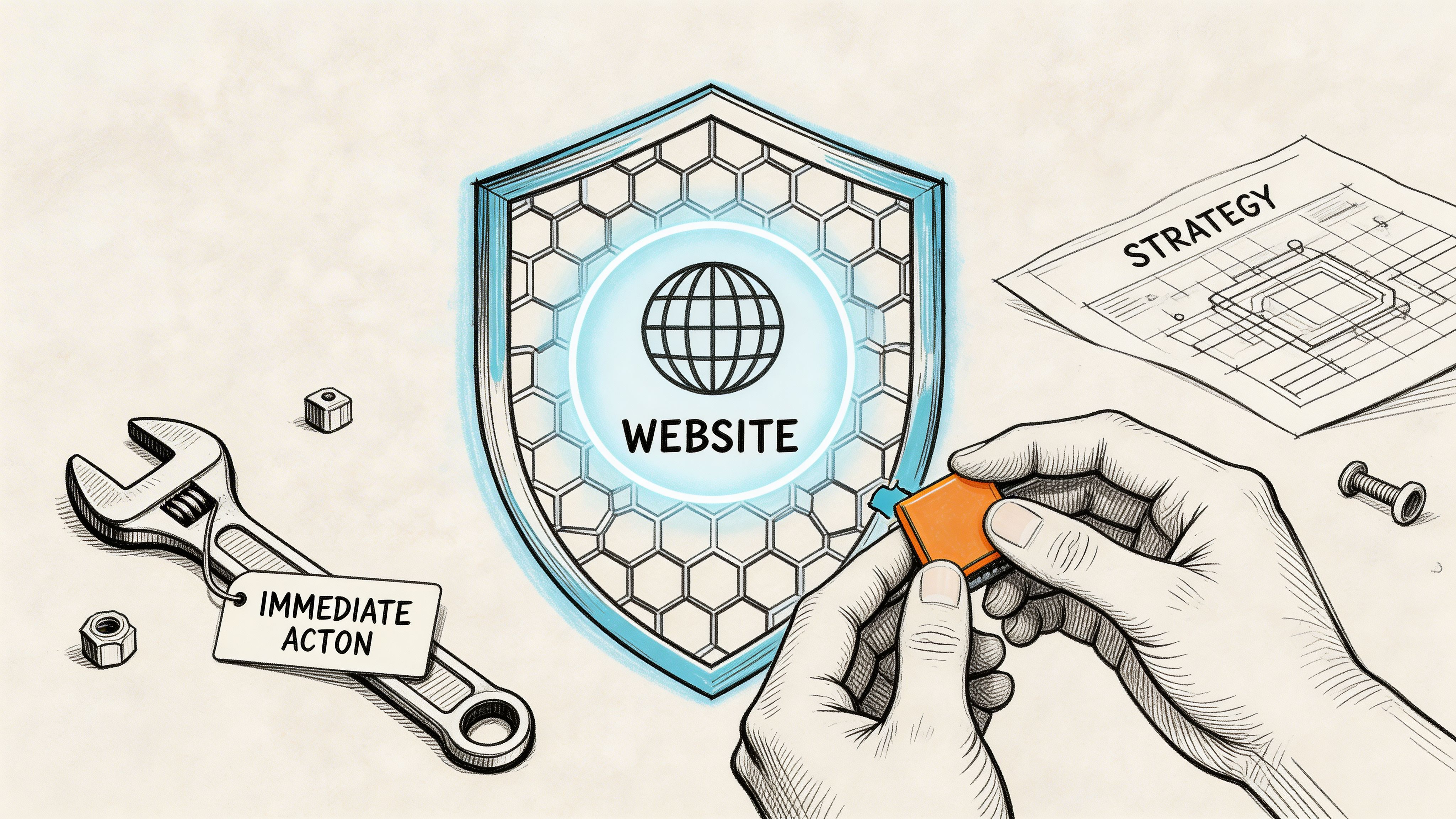 A hand assembling a digital puzzle piece into a glowing shield icon representing website security strategy.