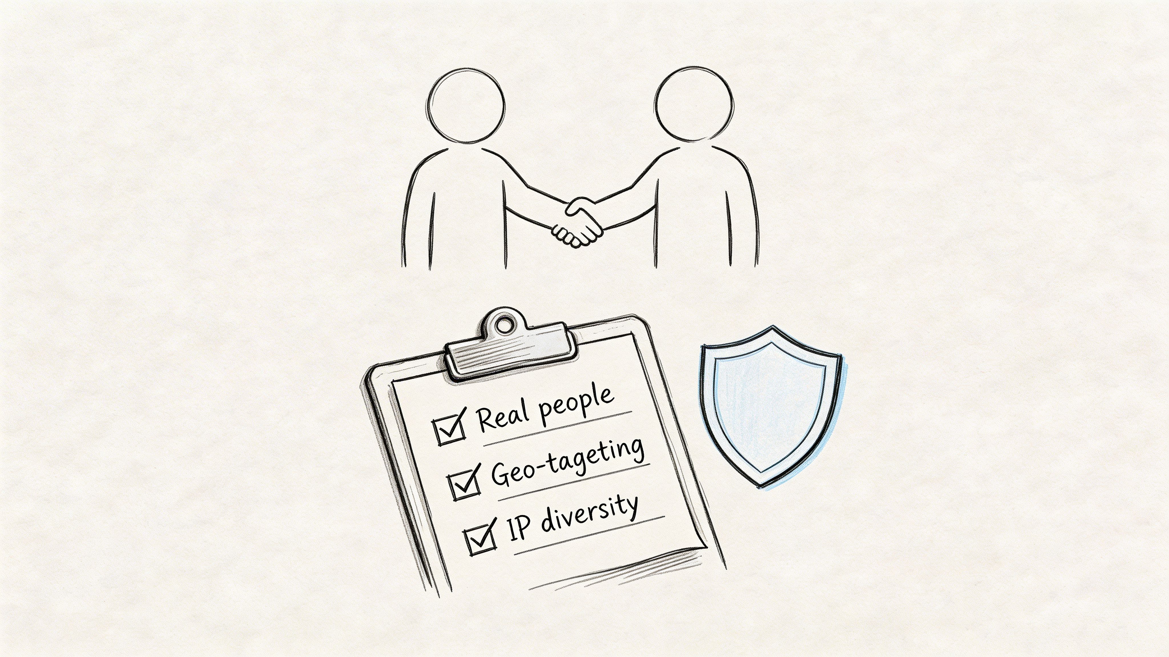 A hand-drawn illustration showing a handshake above a checklist for real people, geo-targeting, and IP diversity.