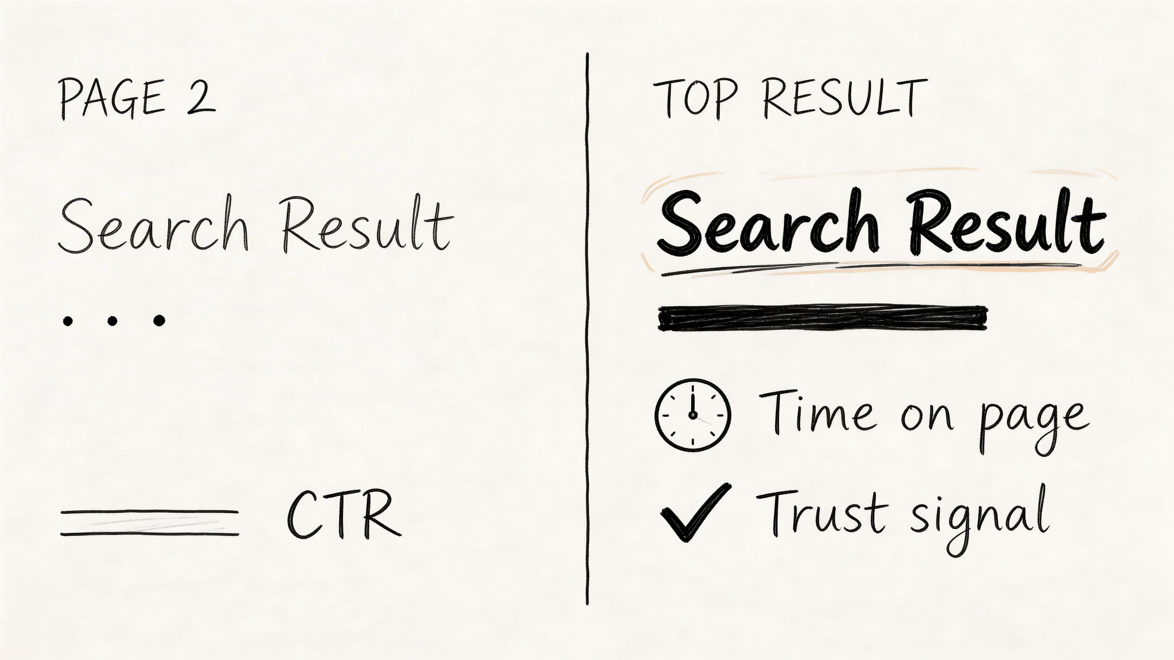 A diagram comparing search engine metrics for page two results versus top search engine result page positions.