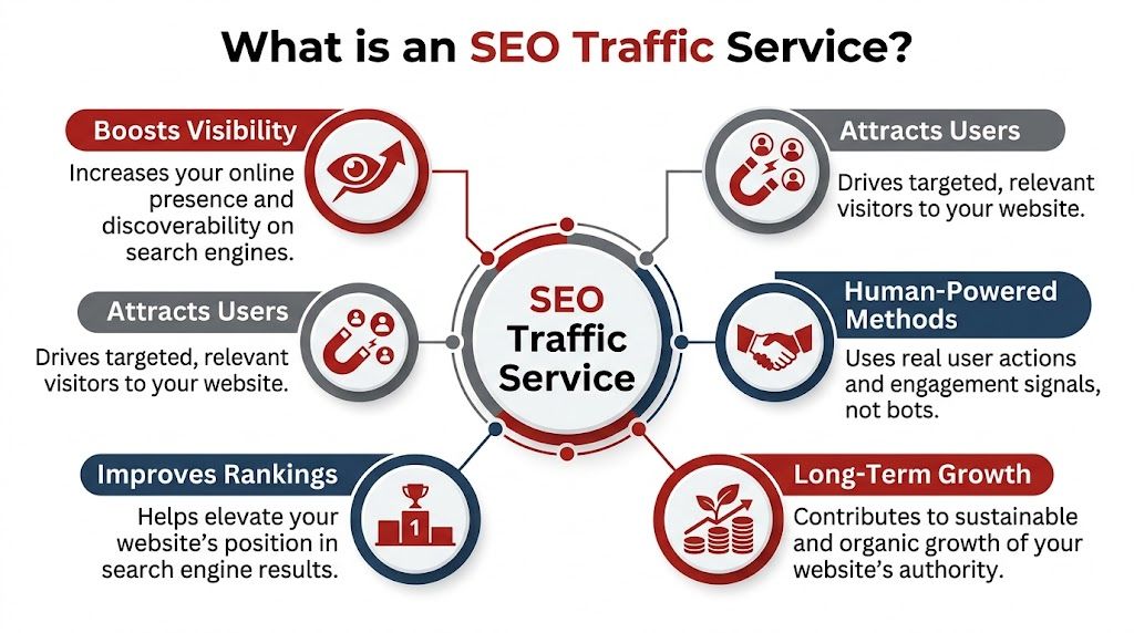 An infographic explaining the benefits of an SEO traffic service for website growth and search rankings.