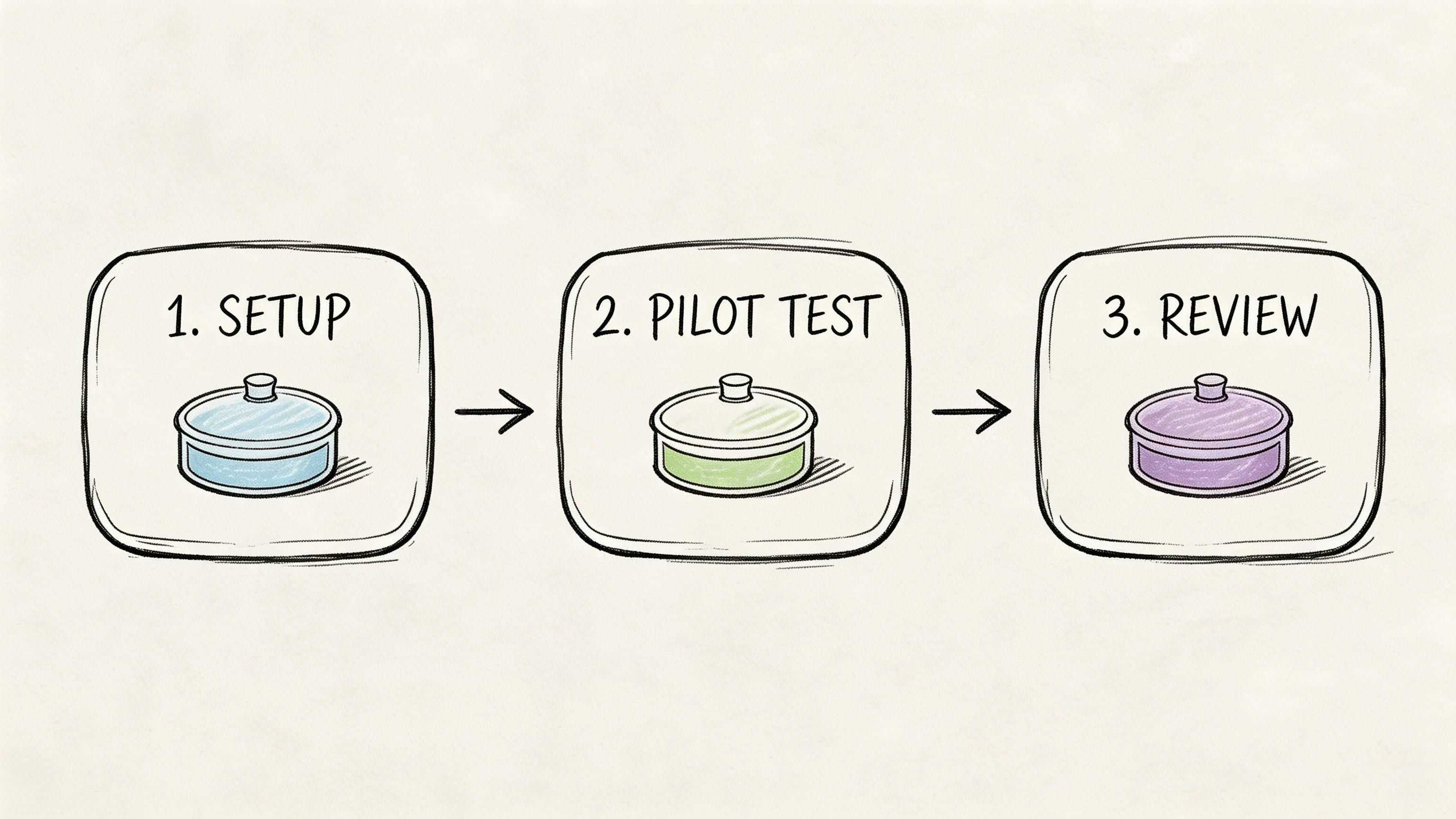 A hand-drawn illustration showing a three-step process: 1. Setup, 2. Pilot Test, and 3. Review.