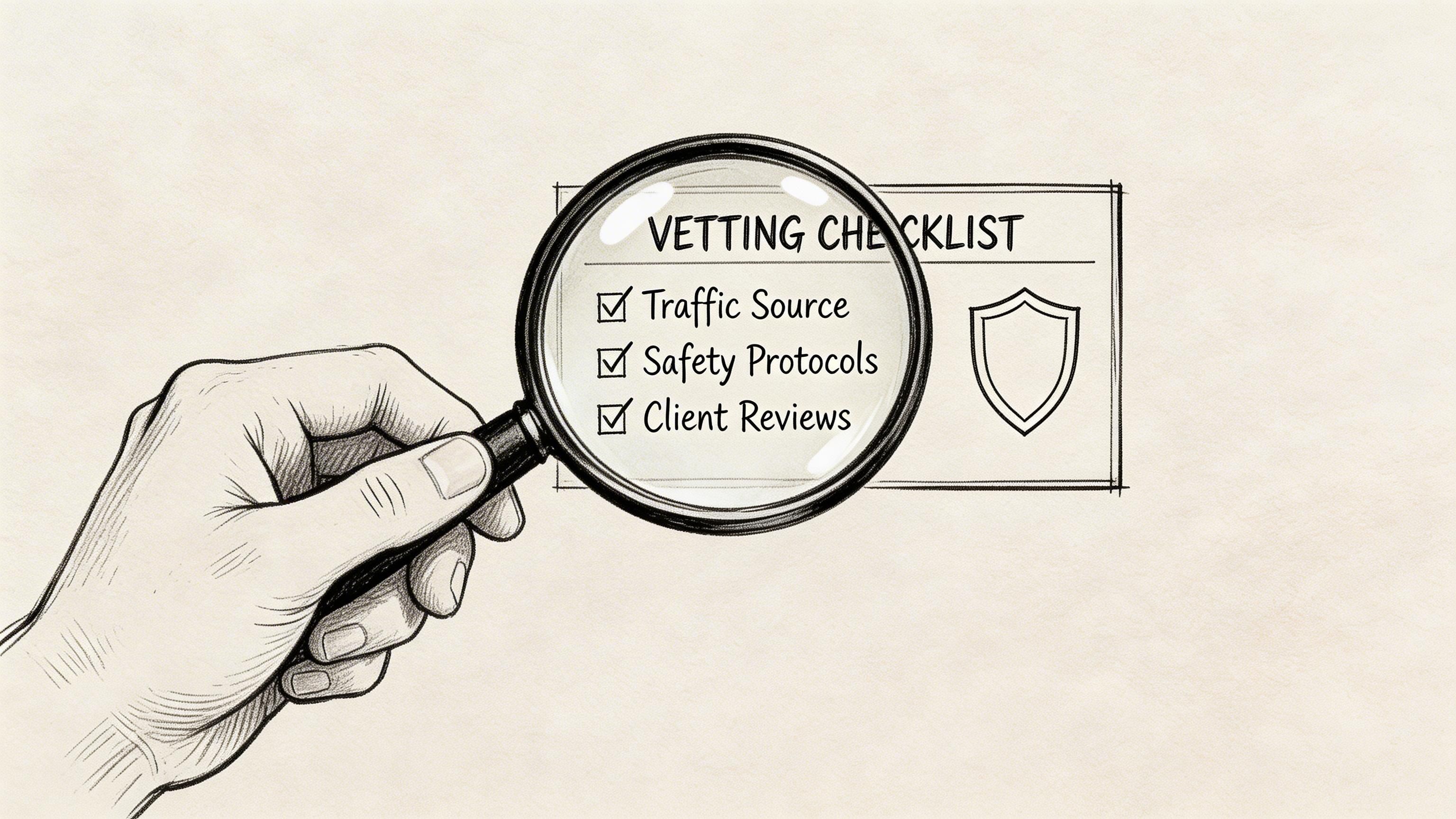 A hand holds a magnifying glass over a hand-drawn vetting checklist highlighting traffic, safety, and reviews.