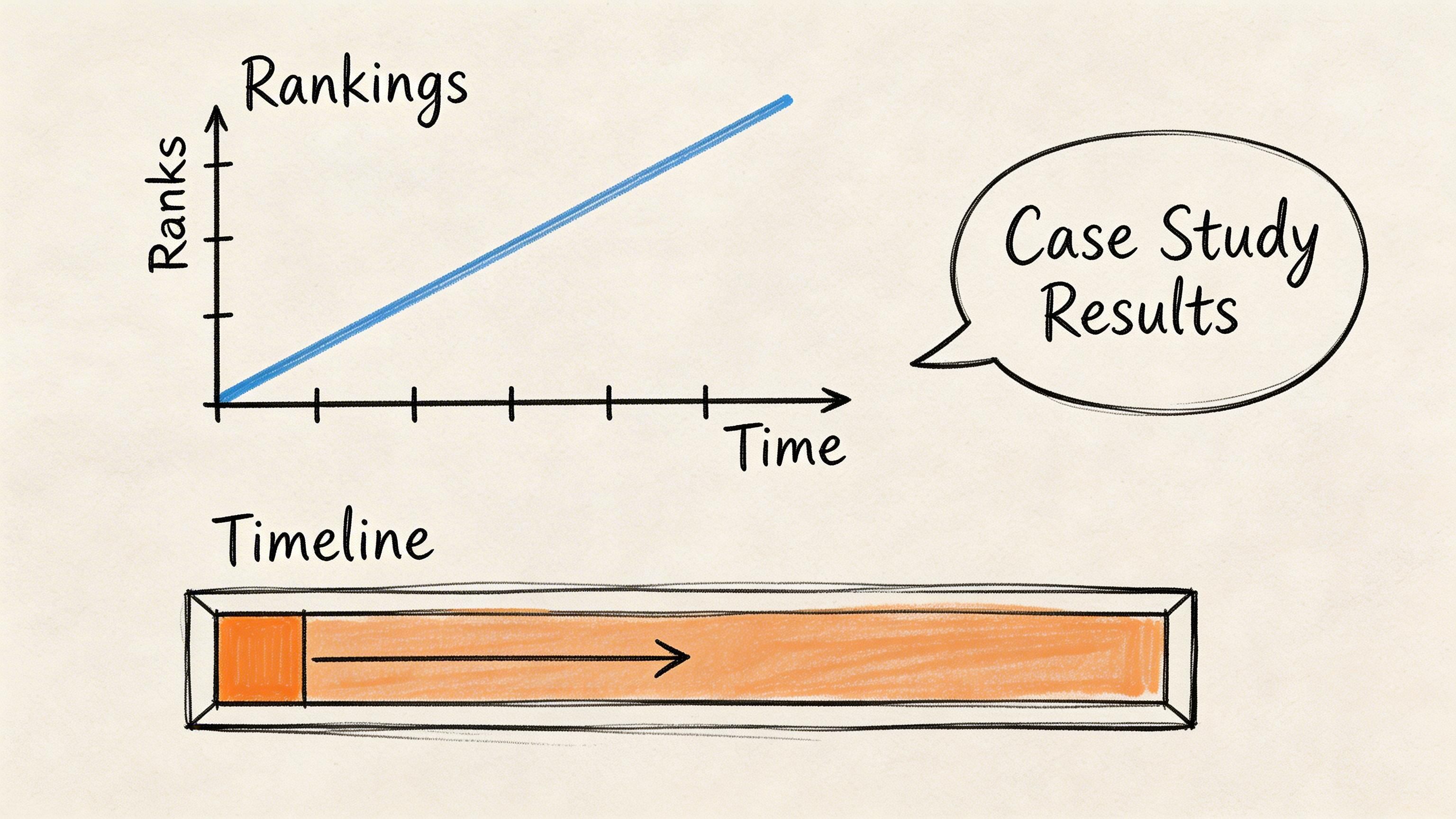 A hand-drawn graphic showing a positive trend line for rankings over time and a progress bar timeline.