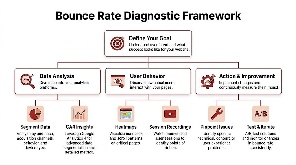 A diagram illustrating a four-step Bounce Rate Diagnostic Framework for improving website performance and user experience.